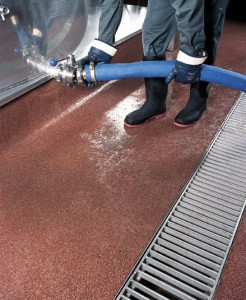 Wet flooring with inset drain depicted.